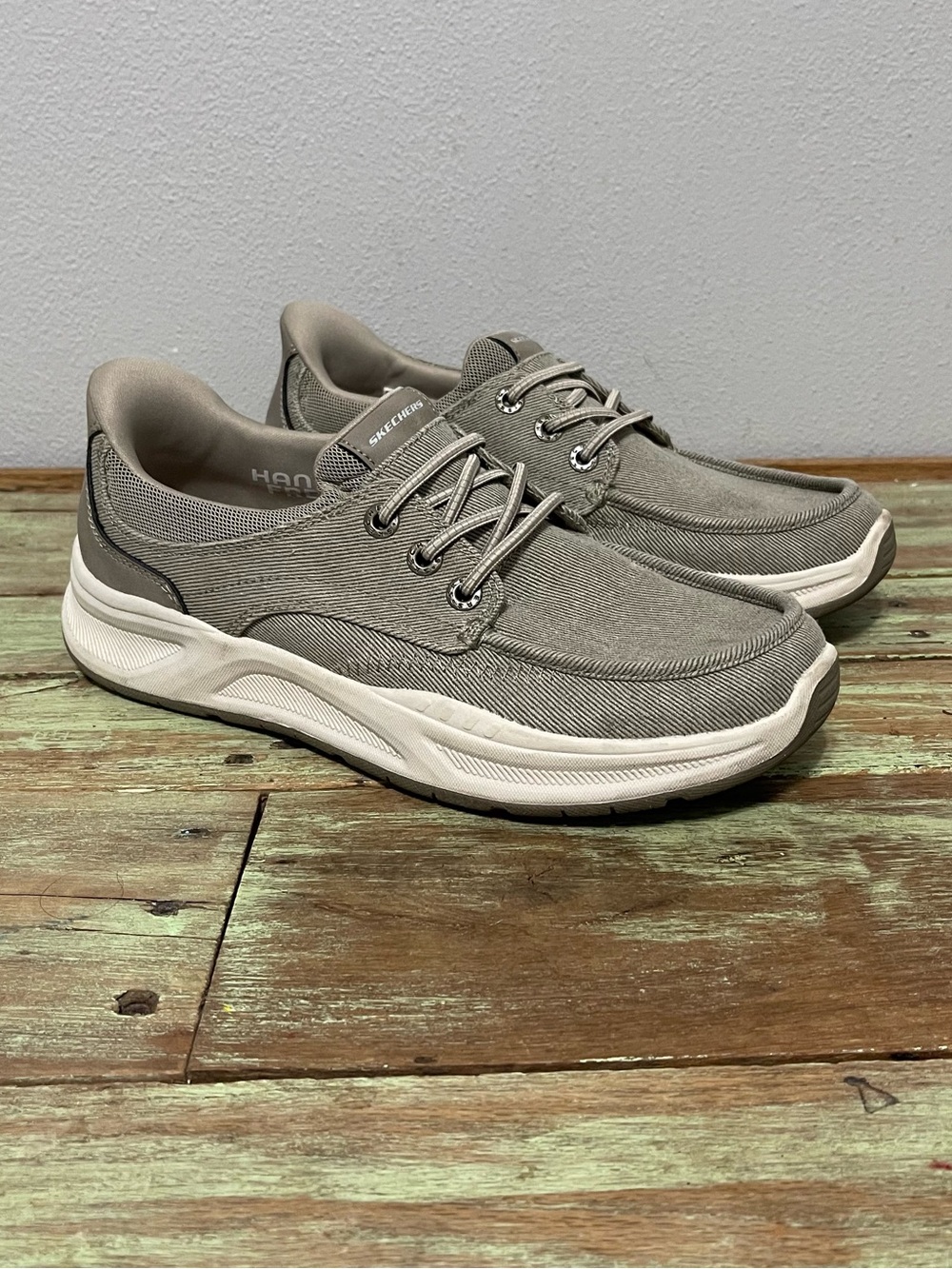 Skechers Swift Fit Memory Foam Comfort Boat Shoes Taupe Fabric Mens 9.5